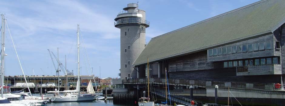 boats moored outside the National Maritime museum in Falmouth