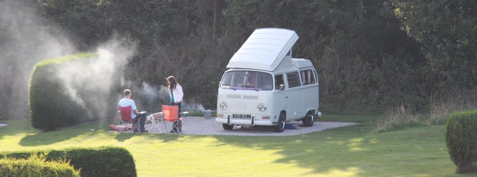 couple and dog sat having a BBQ outside a VW camper on pitch 22